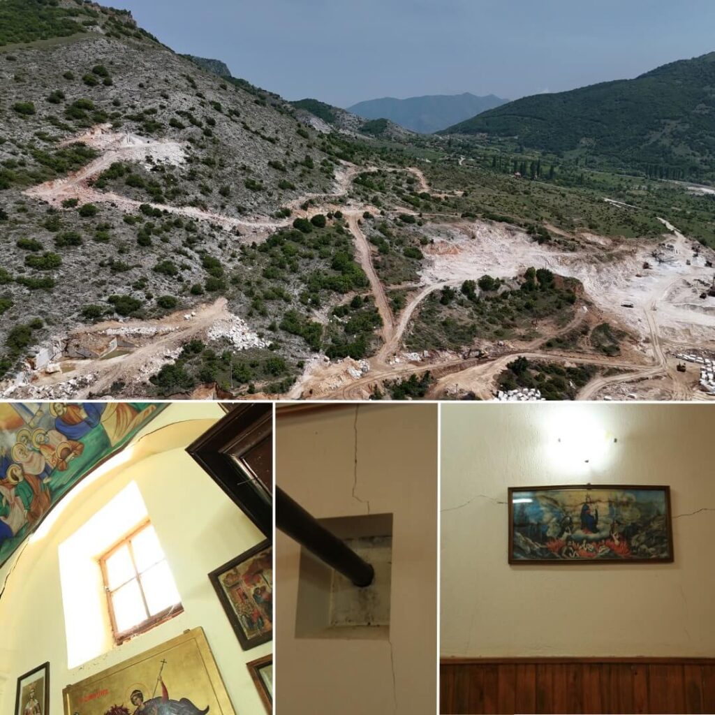 Veduta aerea della cava di Oreovec e danni agli edifici riportati dagli abitanti del villaggio in seguito alle esplosioni