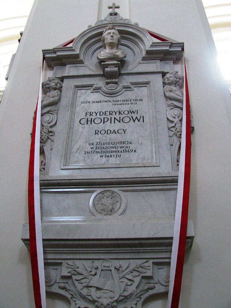 La colonna nella chiesa della Santa Croce a Varsavia dov'è conservato il cuore di Chopin. L'iscrizione legge "il tuo tesoro è lì dov'è il tu cuore". Credits:Wikimedia Commons