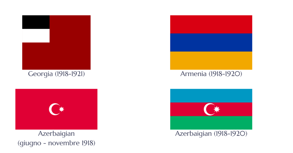 Le bandiere dei paesi del Caucaso meridionale tra il 1918 e il 1921.